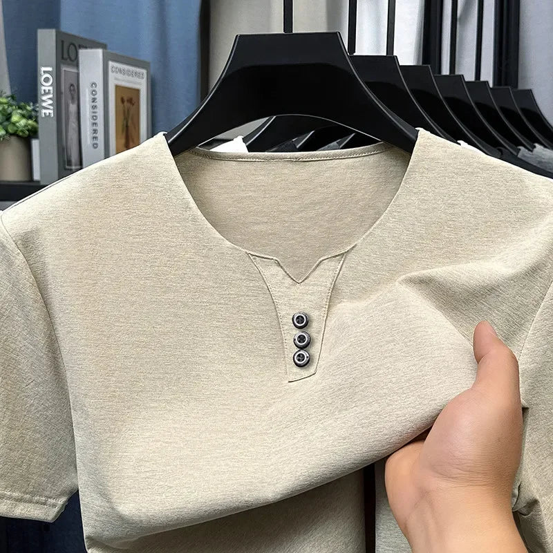 Three Button V-neck T-shirt Men 2026 New Men's Business Casual Short Sleeve Tshirt Korean Style Summer Comfortable Versatile Top