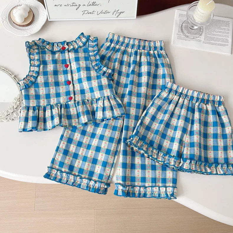 Girls 3-Piece Outfit Set – Blue Plaid Floral Sleeveless Top + Wide Leg Pants & Shorts, Summer Mix & Match Clothes