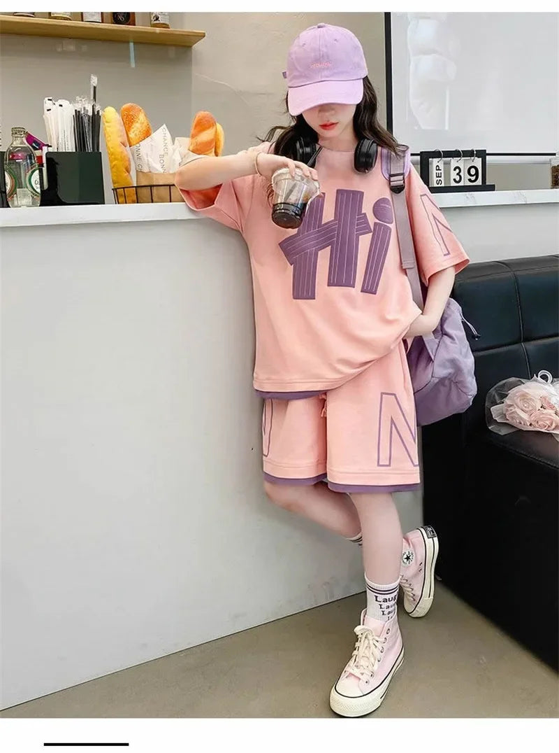 Girls T-Shirts Sets Clothes Kids Short Sleeve Tops+Shorts 2Pcs Children Clothes Suits Teen Loose Casual 2025 Outfits 5-14 Years