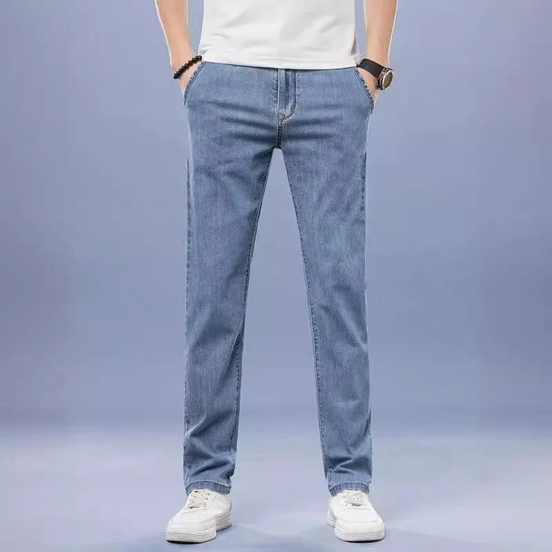 KIDWHXR Men Jean Trousers Slim Elastic Mid Waist Male Denim Pants Fashion Simple Casual Comfortable Man Straight-leg Pant