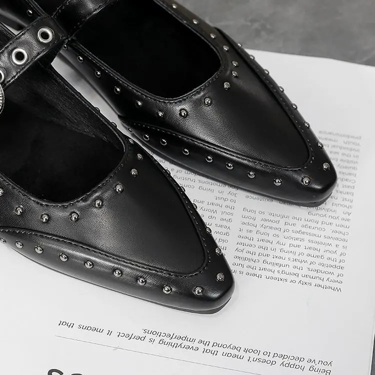 Women's Dance Shoes, Lightweight Punk Rivet Mary Jane Flats, Metallic Pointed Toe Casual Shoes for Festival,Party and Streetwear
