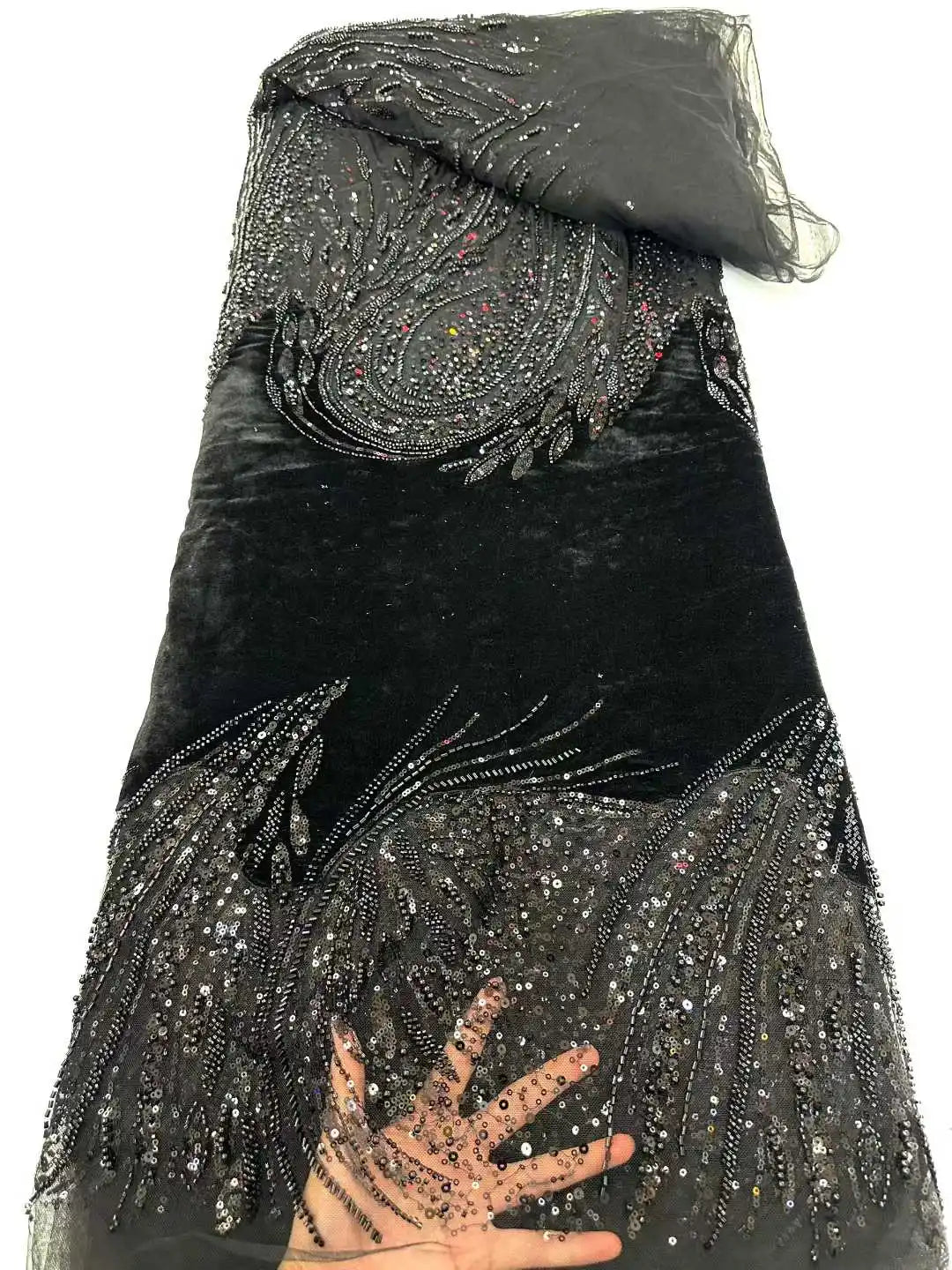 2026 African Nigeria High-Quality Velvet Beaded Sequins French Tulle Lace Fabric Dress Nigerian 5 Yards For Wedding Party Women