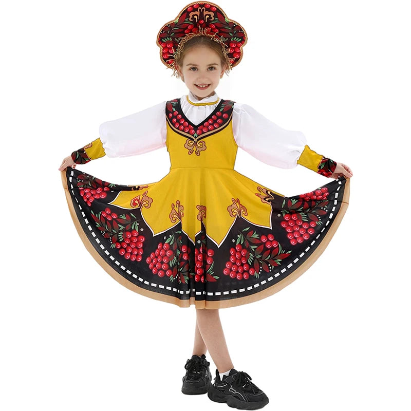 Russian Children Traditional Folk Dance Dress Girls Princess Clothing Tops dress Headwear Carnival Stage Performance Costume