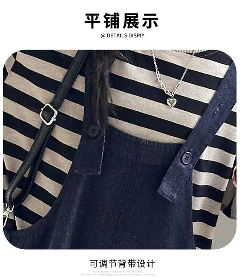 Girls 2 Piece Outfit Korean Style Kids Striped Long Sleeve T-shirt + Loose Denim Overalls Set Spring Autumn Children's Clothing