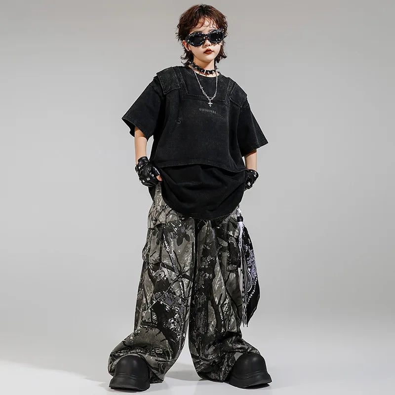 Kid Kpop Clothing Fake-2-Piece T Shirt Leaf Print Streetwear Harajuku Hip Hop Jeans for Girl Boy Jazz Dance Costume Clothes