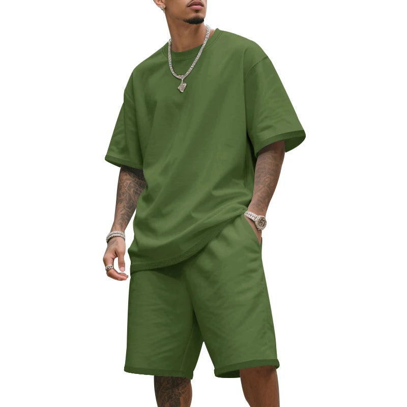 Men's two-piece clothing set, loose round-neck T-shirt and shorts set, casual sportswear, perfect for summer