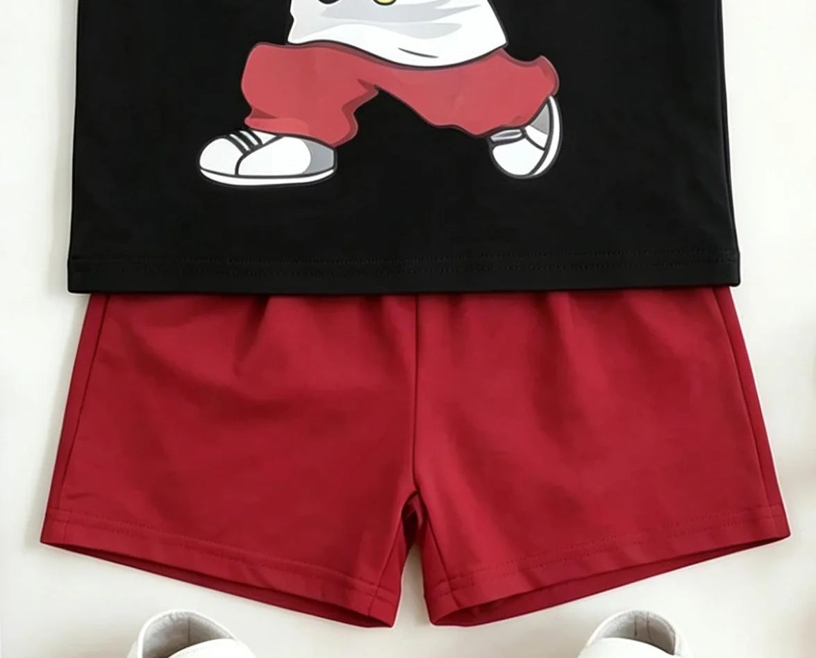 Summer New Arrival Boys Street Style Bear Print Short Sleeve Burgundy Solid Shorts Set