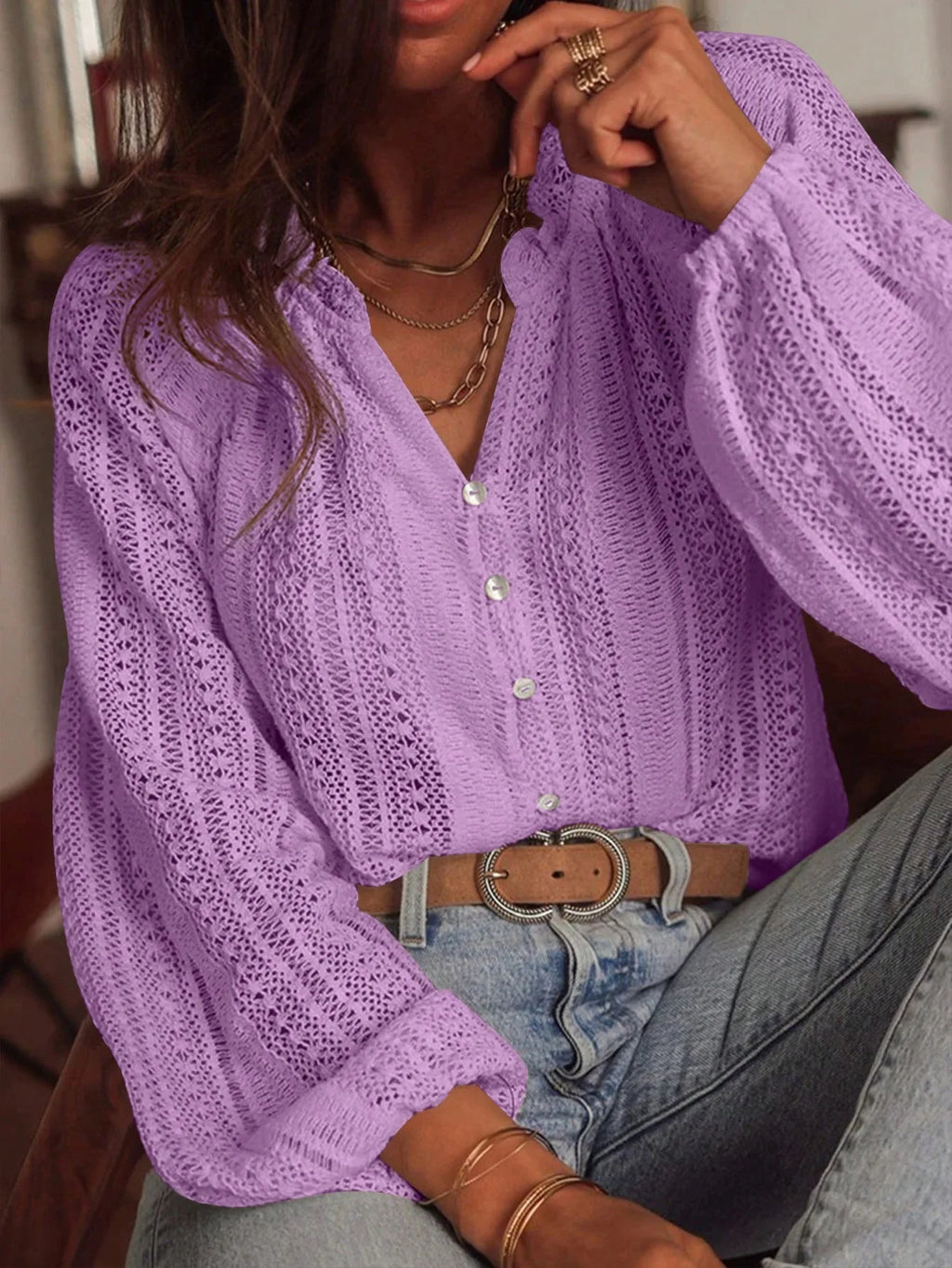 Women's Blouses Spring And Autumn New Loose Fashion Simple All-Match Hollow Lace V-neck Single Breaked Long Sleeve Women Shirts