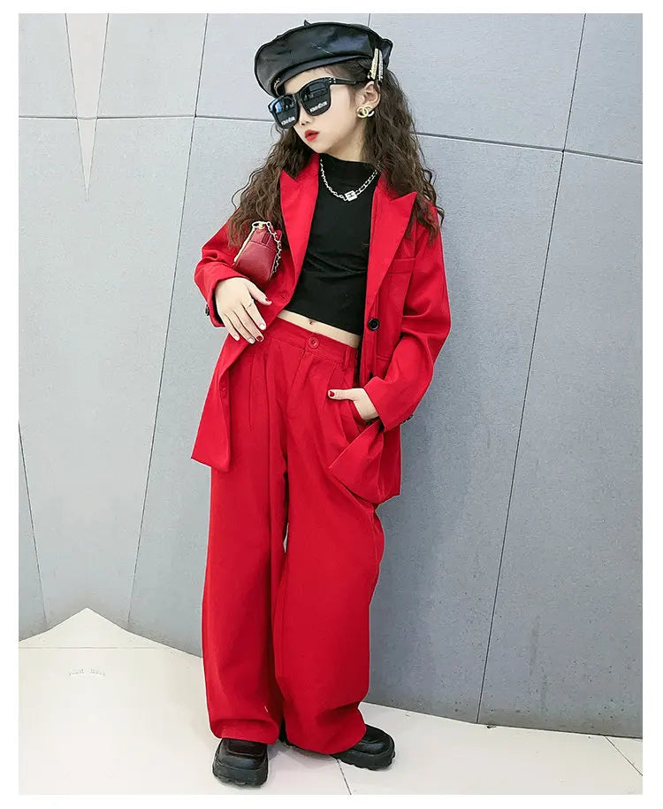 Girls Red Blazer Suits Clothing Sets Spring Autumn Kids Jackets+Pants Fashion Loose Formal Teenager Casual Outfits 5-14Years Old