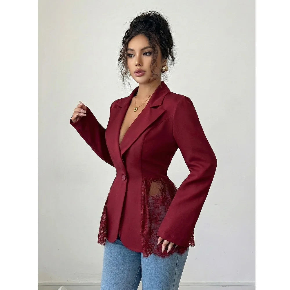 Women Elegant Blazer Suits Ladies Spring Autumn Long Sleeve Single Button Jackets Coats with Lace Hem