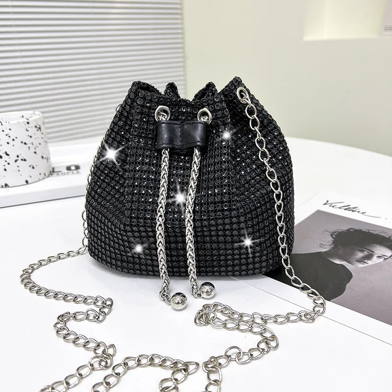 Women Luxury Shoulder Bag Solid Color Rhinestone Glittering Satchel Bag Drawstring Shinny Sling Purse Dinner Party Bag