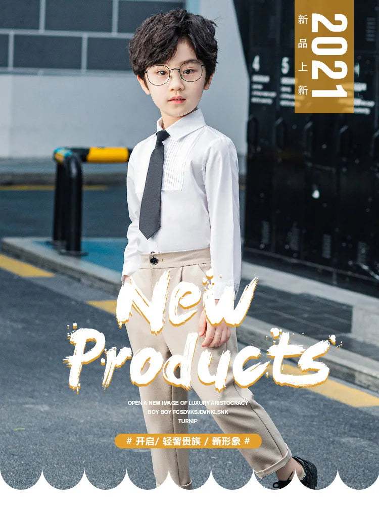 Kids Suit Pant Boys Formal Dress Long Sleeve Shirt Casual Pants Teen Child Solid Color Trousers Baby Toddler Gentlemen Clothes