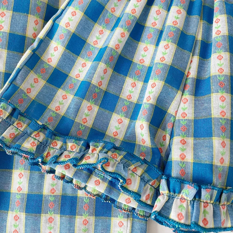 Girls 3-Piece Outfit Set – Blue Plaid Floral Sleeveless Top + Wide Leg Pants & Shorts, Summer Mix & Match Clothes