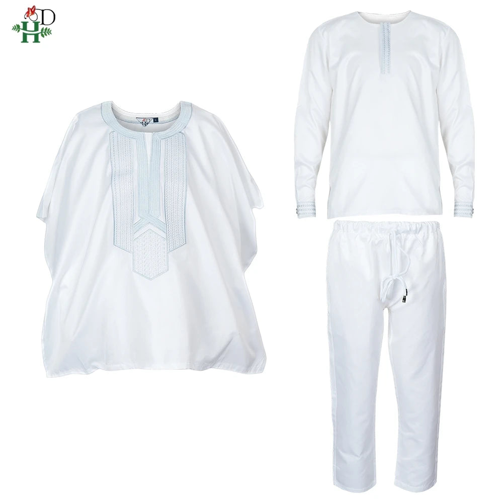 2025 New African Traditional Clothes For Kids Boy White Blue 3 PCS Set Long Sleeve Tops Embroidery Dashiki Robe Shirt Pant Child