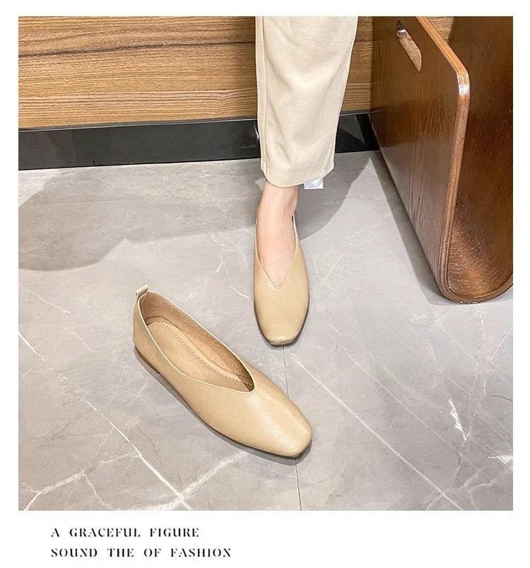 Genuine Leather Multi-color Low-heeled women's Shoes  Round Toe Flat Bottom Shallow Cut Single Shoe Casual Versatile Loafers