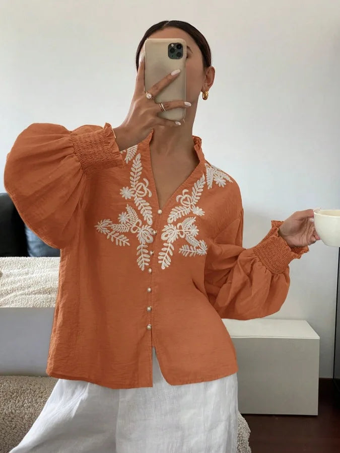 Women Autumn Single Breasted V-neck Blouses and Shirts Ladies Casual Embroidery Long Sleeve Shirt Tops