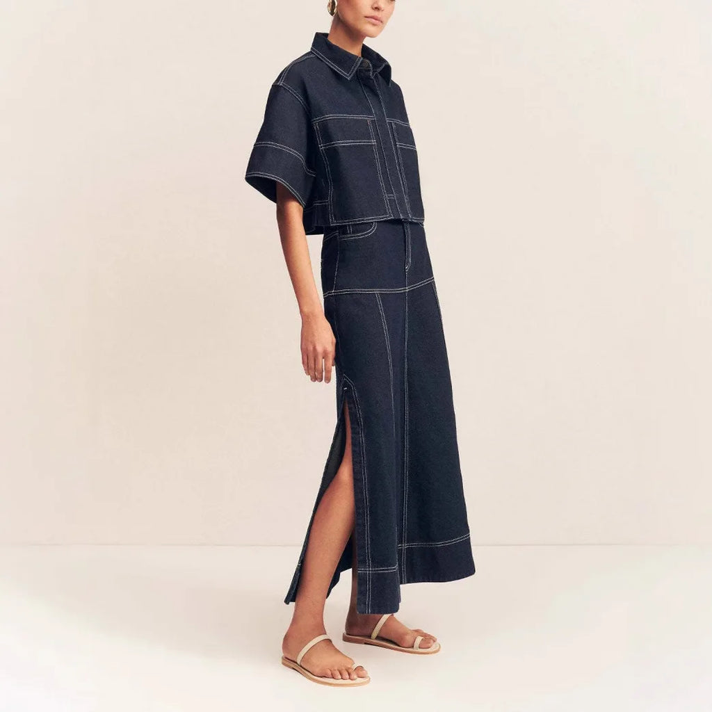 Skirt Suit Women Denim Shirt Long Skirts 2 Piece Sets Washed Vintage Ensemble Single Breasted Overshirt Top Summer Outfits
