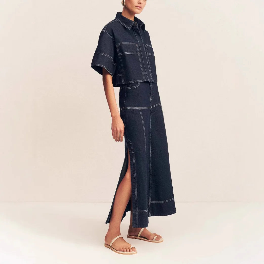 Skirt Suit Women Denim Shirt Long Skirts 2 Piece Sets Washed Vintage Ensemble Single Breasted Overshirt Top Summer Outfits