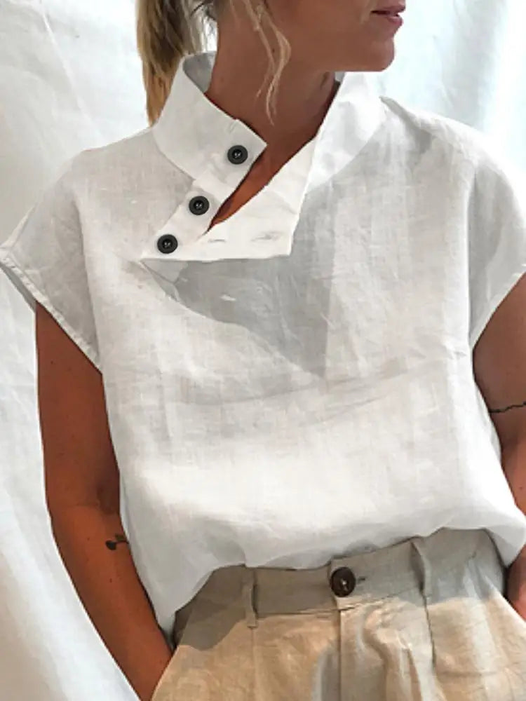 Fashion Women Blouses 2025 Summer Cotton Linen Blusas Mujer Stylish White Shirt Elegant Short Sleeve Tunics Lightweight