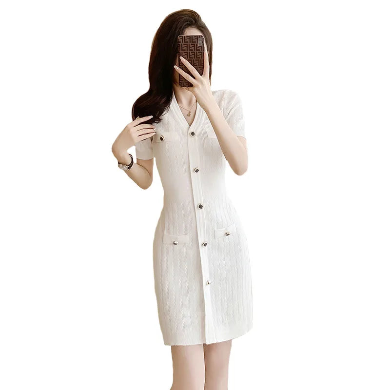 Summer V Neck Single Breasted Knitting Mini Dresses for Women 2024 Fashion Short Sleeve Mini Party Dress Vestidos Female