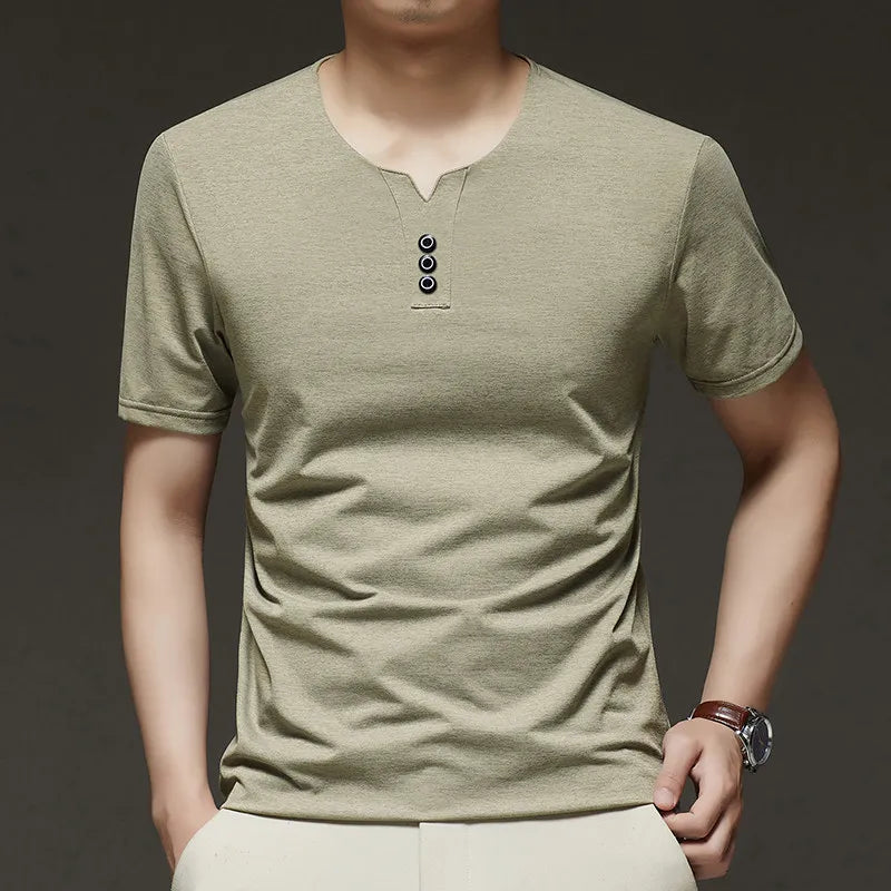 Three Button V-neck T-shirt Men 2026 New Men's Business Casual Short Sleeve Tshirt Korean Style Summer Comfortable Versatile Top