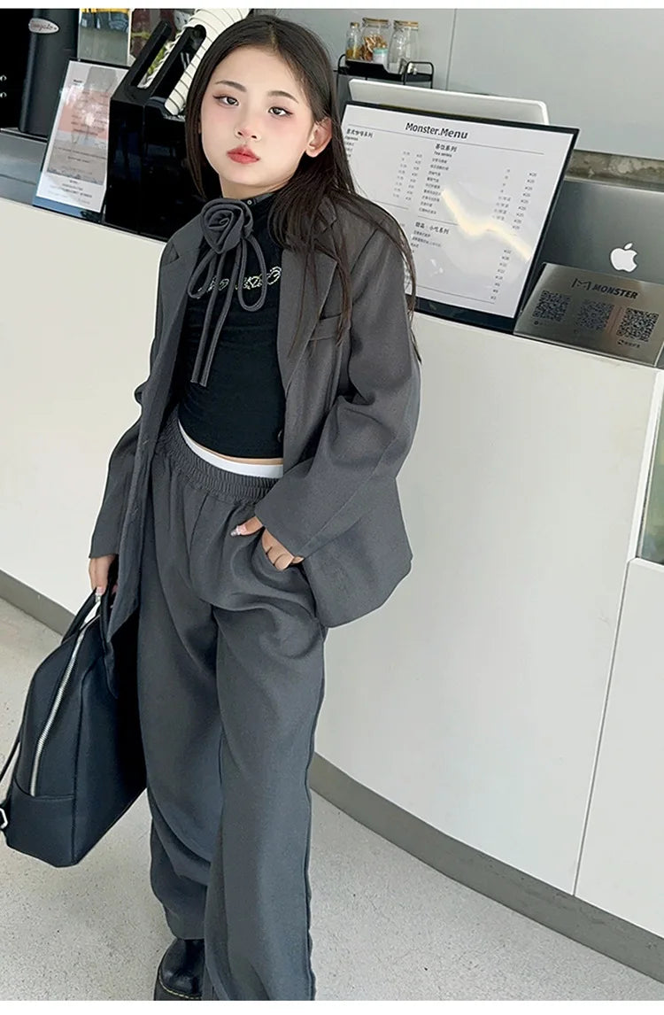 8 10 12 14 teenage Girl suit set Blazer+Wide leg pants 2pcs junior kid clothes suits children clothing girls outfit sets Costume