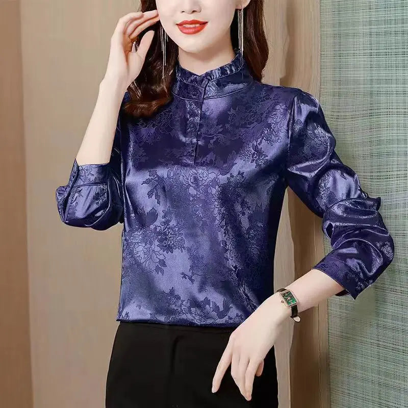 Premium Satin Blouse Women Spring Age-Reducing Print Loose Long Sleeve Top Fashion Elegant Collar Shirt