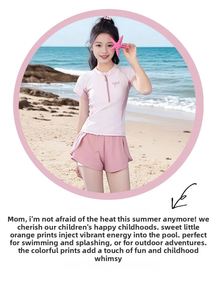 Summer New Girls Swimwear Teen Conservative Two Piece Sports Swimsuit for Developing Youth