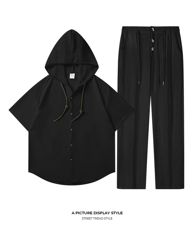 Men's Sport Casual Suit - Stylish and Handsome, with A Hooded, Pleated Short-sleeved Shirt and Loose-fitting Trousers.