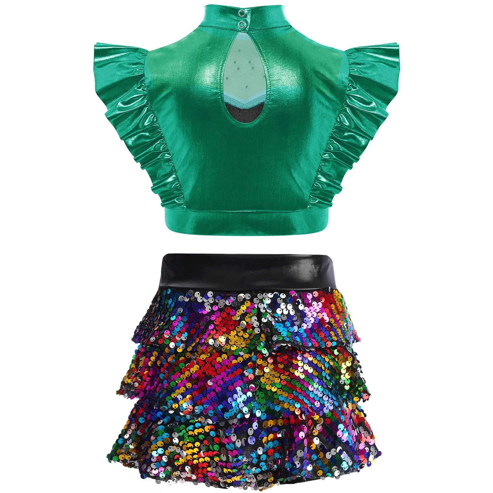 Kid Girls Hip Hop Dance Clothes Kids Jersey Sequin Tiered Skirt Long Tank Top Jazz Metallic Holographic Crop To Cheerleading Set