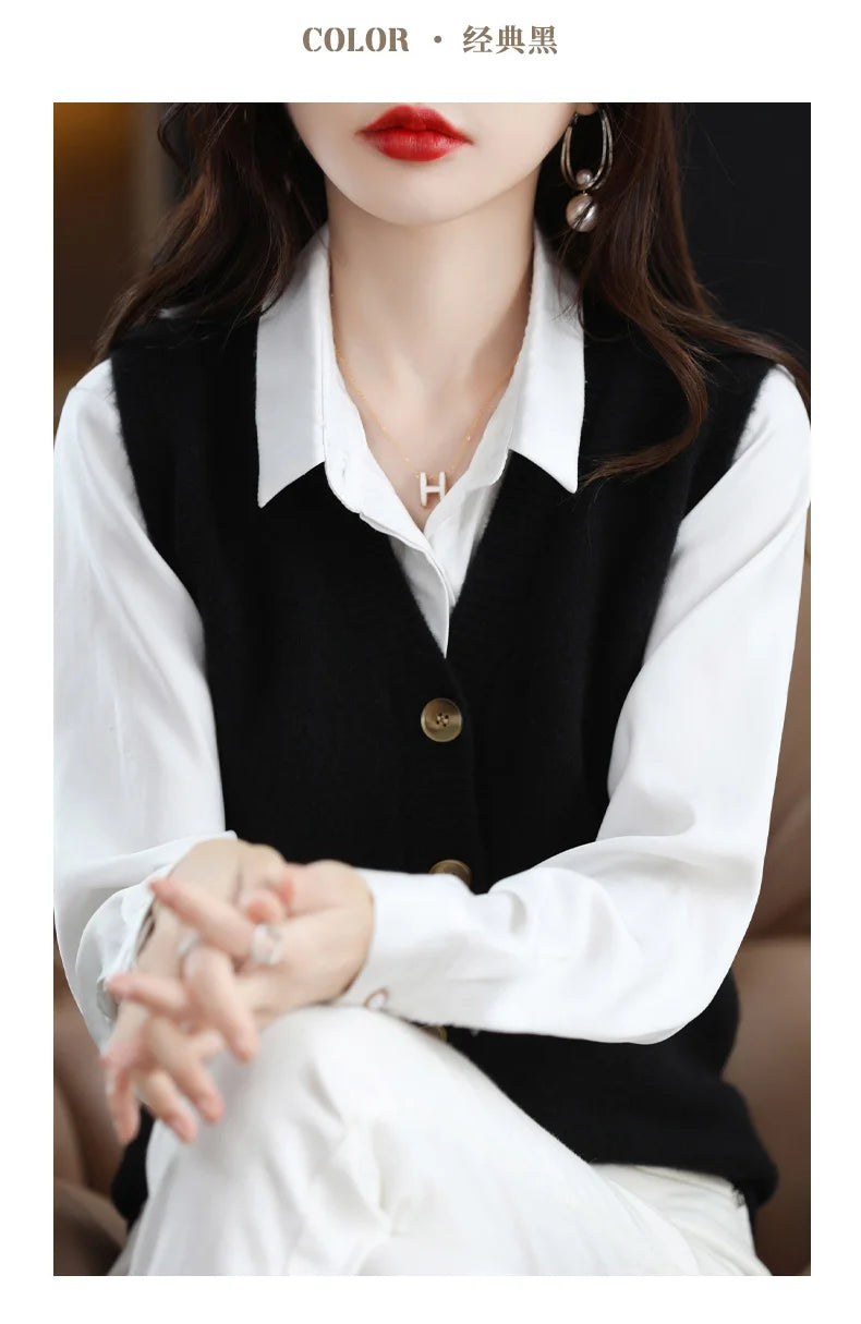 Girls Wear New Women's Loose High-End Waistcoat Knit Vest Wool V-Neck Solid Color Button Sleeveless Fashion Coat Cardigan Trend