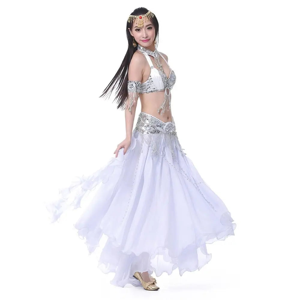 Belly Dancing Skirt Women Chiffon Spanish Skirt Shiny Sequins Tassels Dancing Skirt Show Costumes