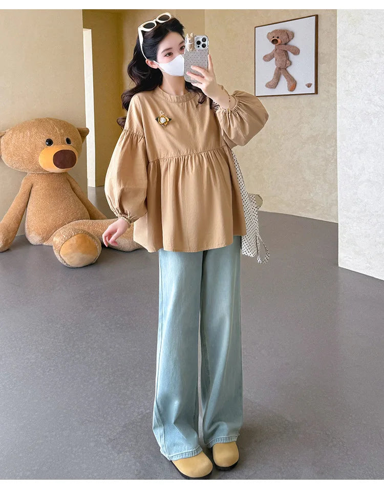 Maternity Blouse Spring Autumn Flower Round Neck Puff Long Sleeve Tops For Pregnant Women 2026 Loose Comfortable