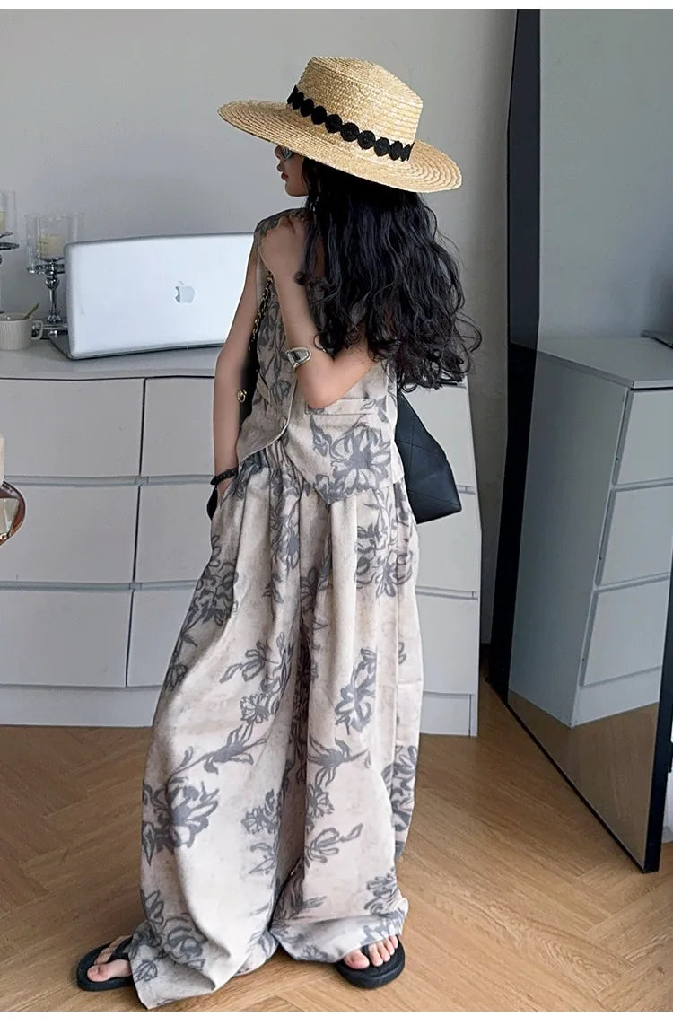 Summer Teenage Girls 2PCS Clothing Sets V-Neck Vest + Wide Leg Pants Fashion Print Cool Suit Streetwear Kids Vintage Tracksuits