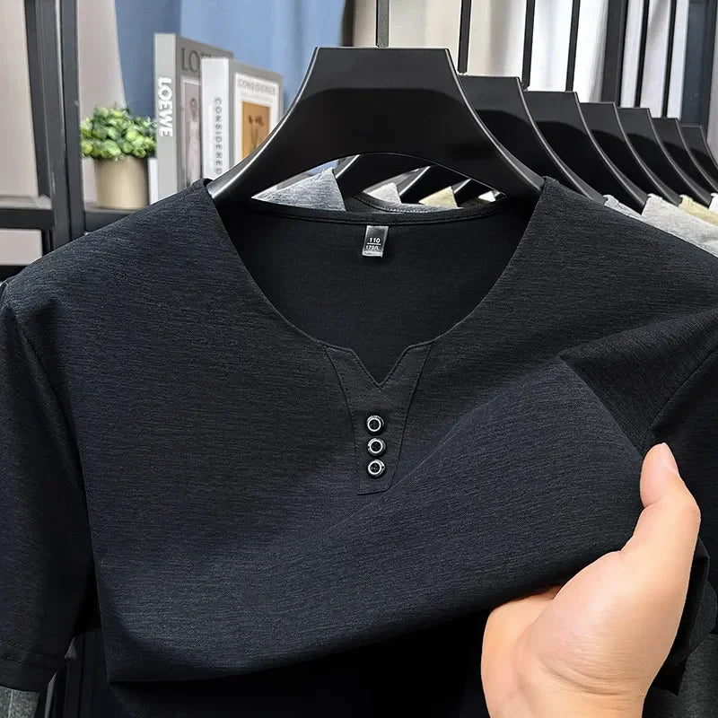 Three Button V-neck T-shirt Men 2026 New Men's Business Casual Short Sleeve Tshirt Korean Style Summer Comfortable Versatile Top