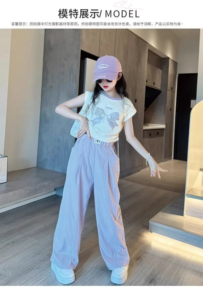 Teen Girls Summer Clothes Color Matching Cartoon T-shirt Trousers Two-piece Suit New Korean Style Sports Suit Children Outfit
