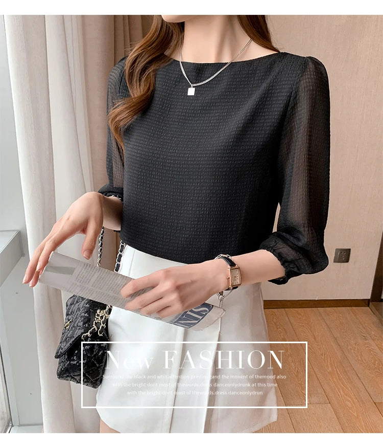 Blusas Para Mujer 2026 New Women Blouse Shirt O-Neck Black Chiffon Blouse Shirt Women Tops Blouses Shirts Blusas Camisas E474