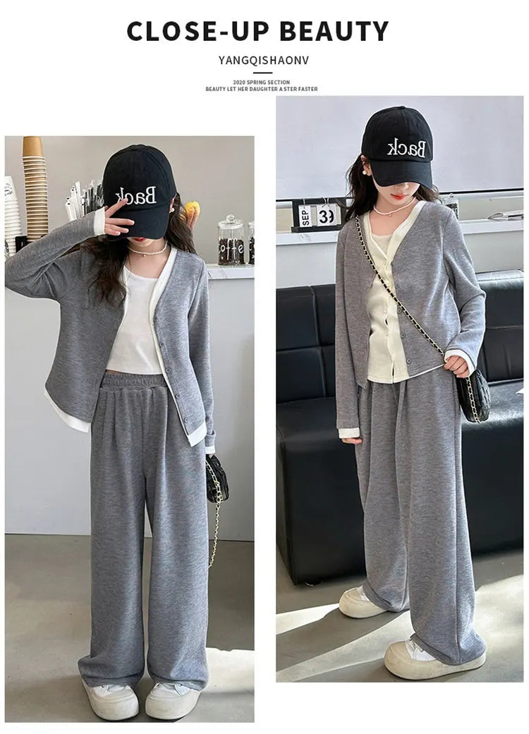 Korea Style Girls Casual Clothing Sets Single Button V-Neck Fake Splice Top and Pants Two Pieces Grey Khaki Kids Teenage Outfits