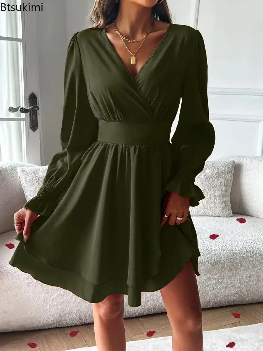 Summer New Dresses 2026 Woman Clothing V-Neck Lantern Sleeve Wrap Mini Dress Ruched Waisted Dress Elegant for Spring Party Dress