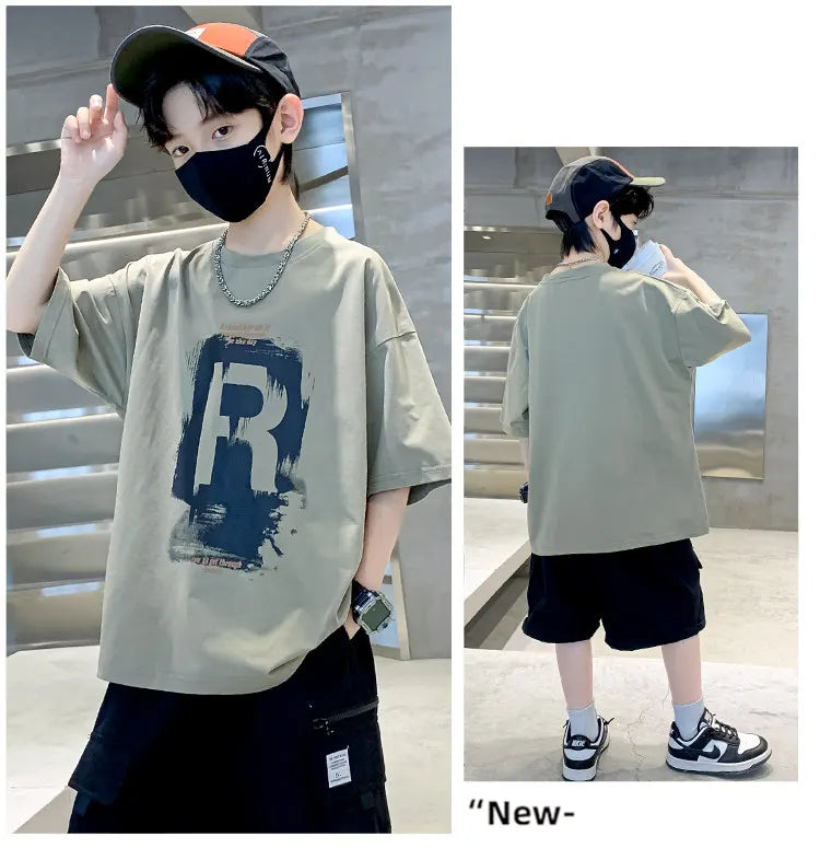 New Kids Boy Casual Tshirts Tops Novelty Printed Summer Children's T-shirt Short Sleeve Clothes Teenager Khaki Black Cotton Tees