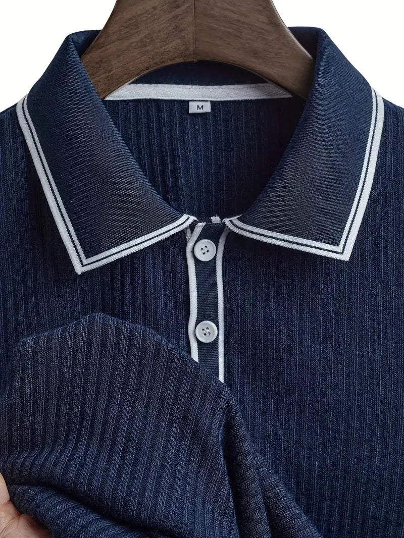 Men Ribbed Knit Polo Shirt Short Sleeve Turn Down Collar Contrast Trim Button Placket Slim Fit Casual Top