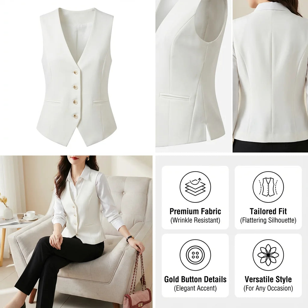 Women's Formal Business Vest Sleeveless Tailored Button Up Waistcoat Professional Office Outerwear Top Slim Fit Professional