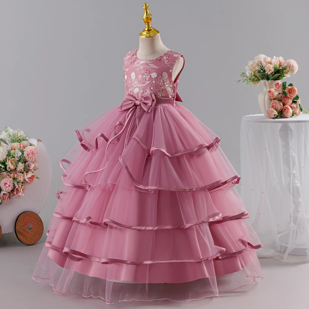Girls Princess Dress Sleeveless Lace Embroidery Tiered Tulle Bow Formal Evening Gown for Wedding Birthday Party Christmas