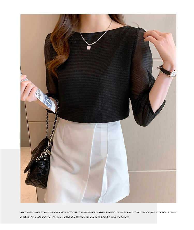 Blusas Para Mujer 2026 New Women Blouse Shirt O-Neck Black Chiffon Blouse Shirt Women Tops Blouses Shirts Blusas Camisas E474
