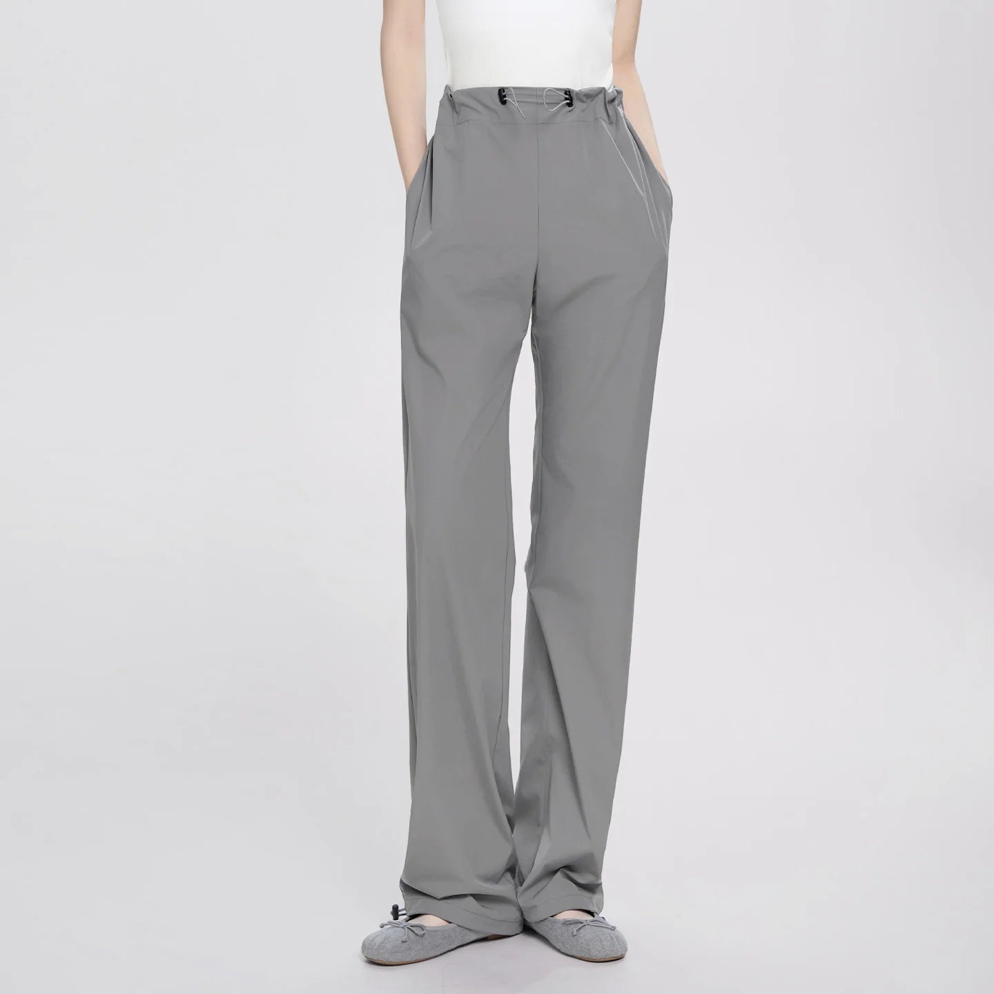 Women Adjustable High Waist Nylon Perspiration Casual Trousers with Pockets Female Athletic Dance Straight-leg Tracksuit Pants