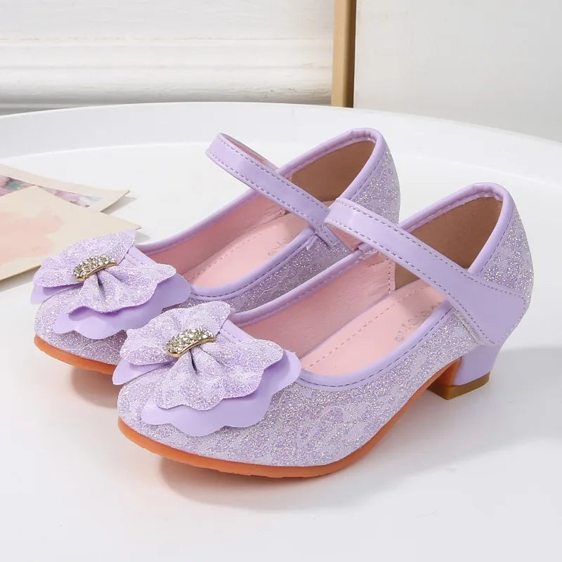 Elegant Girl High Heel Shoes for Princess 2026 New Children's Baby Fashion Party Shoes Sweet Bowknot Kids Sequins Leather Shoes