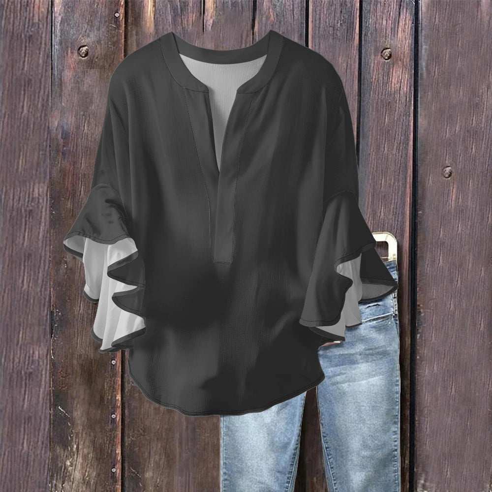 Women's Pure Color Blouse Navy Blue & White Bubble Crepe Shirt with V-Neck and Ruffled Flounce Sleeves, Chic Modern Casual Top