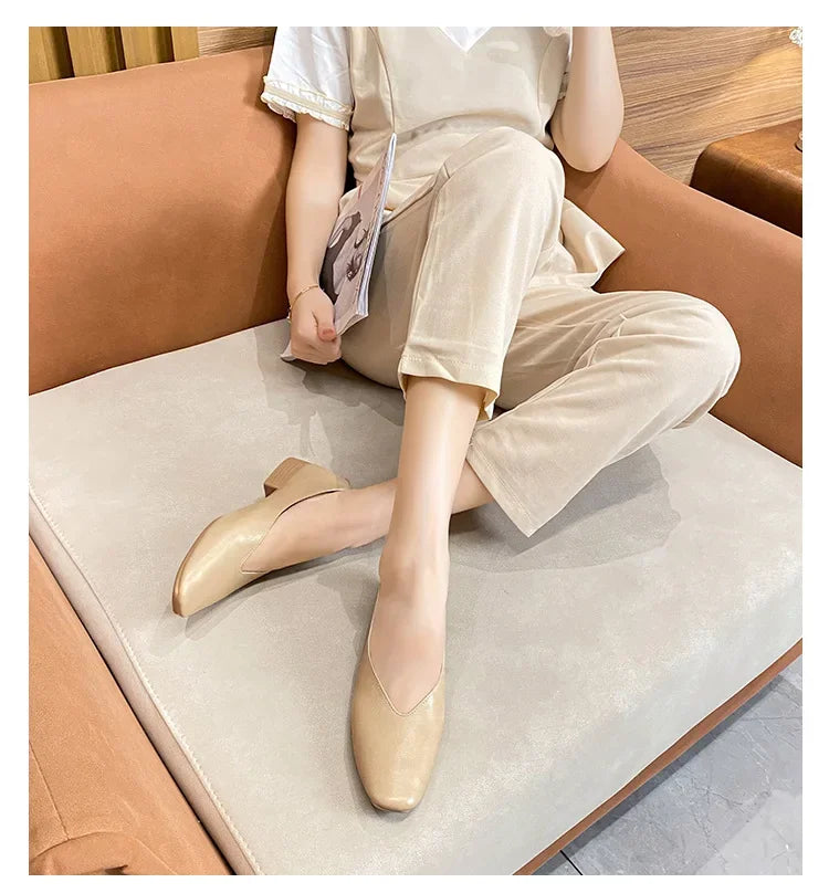 Genuine Leather Multi-color Low-heeled women's Shoes  Round Toe Flat Bottom Shallow Cut Single Shoe Casual Versatile Loafers