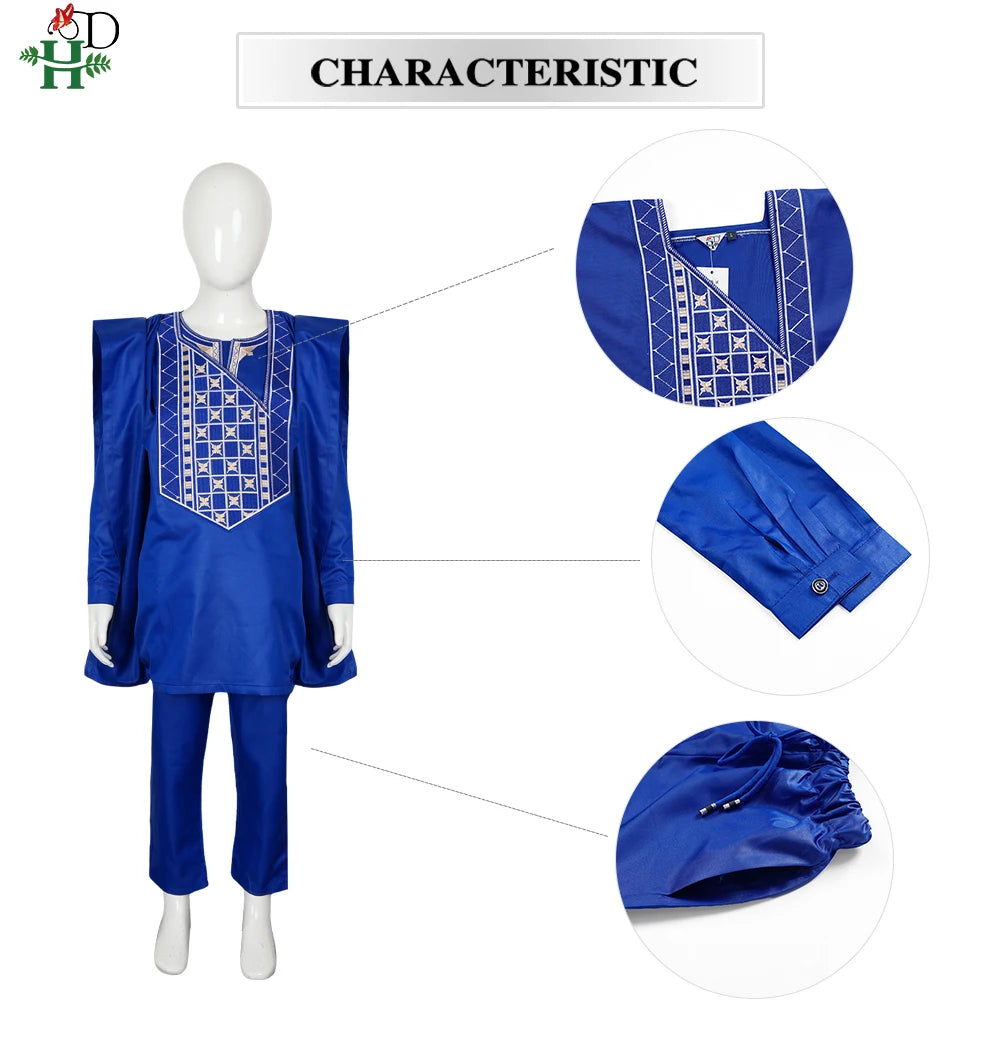 2025 New African Traditional Clothes For Kids Boy White Blue 3 PCS Set Long Sleeve Tops Embroidery Dashiki Robe Shirt Pant Child