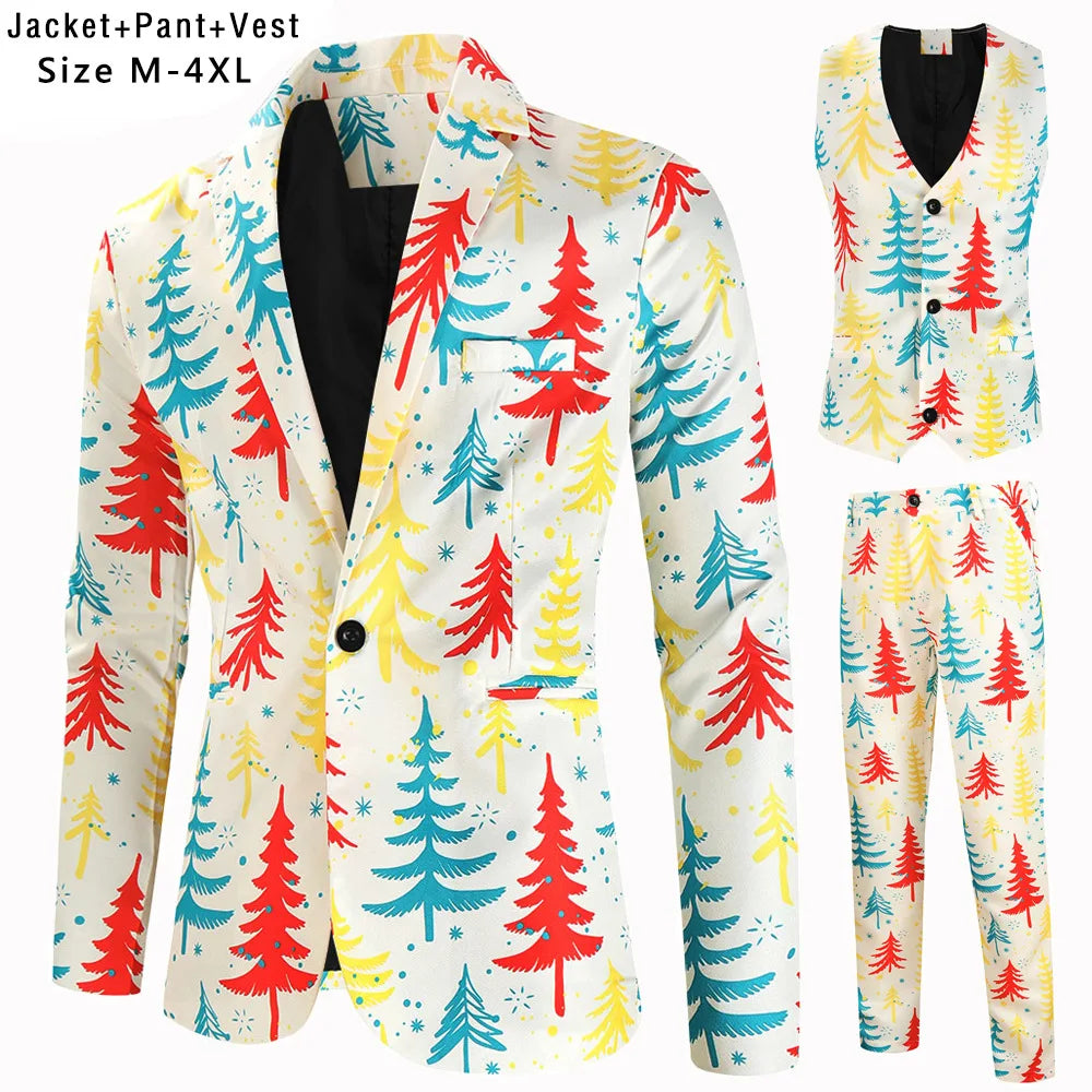 New Men's 3 Piece Christmas Sets Blazers+Vest+Pants 2026 Xmas Printed Men Suit Set Party Stage Dress Up Style Costume Streetwear